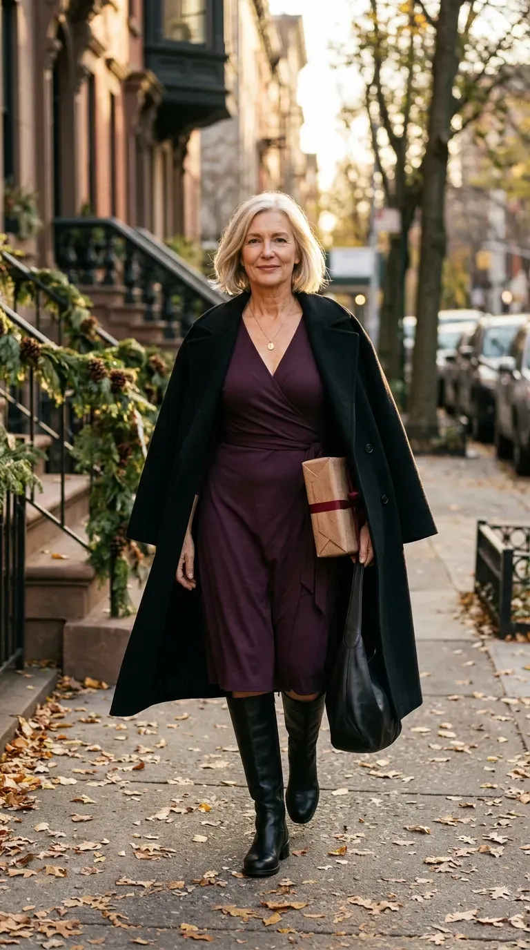 White woman in a plum wrap dress and tall black boots on a leaf-covered street