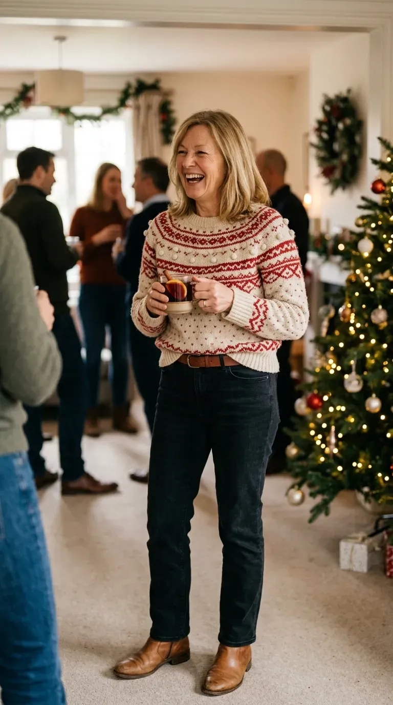 Woman over 50 in pom-pom Christmas sweater, dark jeans and tan ankle boots at a party