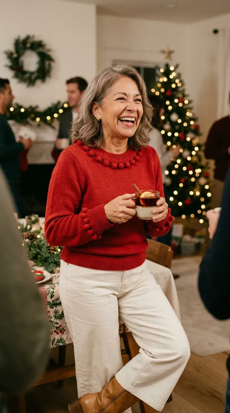Woman over 50 in pom-pom trim sweater, ecru wide-leg jeans and tan boots at a party