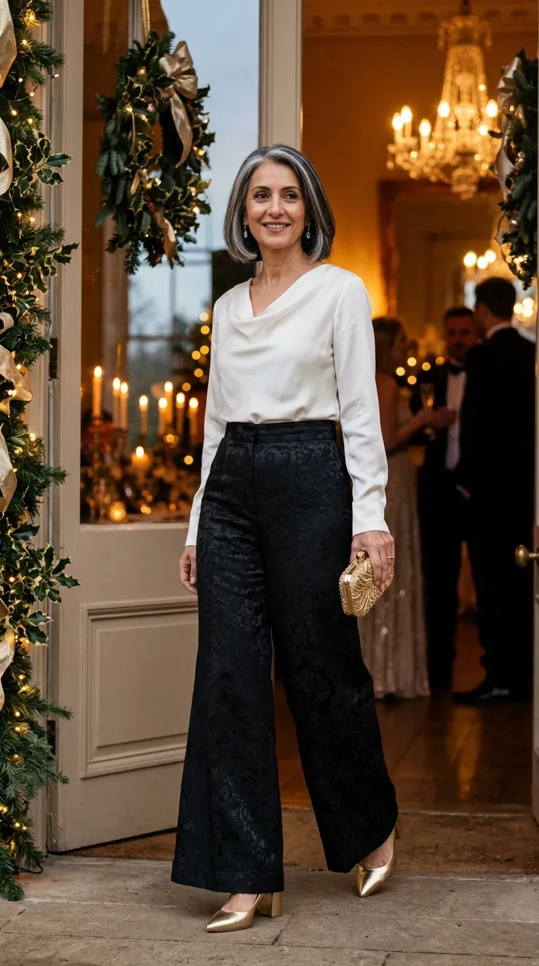 Woman over 50 in powder blue satin midi dress and silver block heels at a winter wedding
