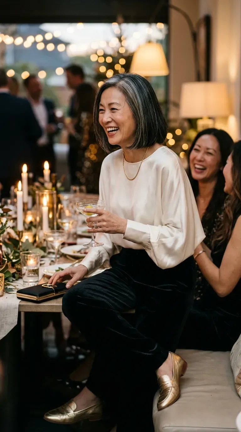Woman over 50 in purple sequin midi skirt, black turtleneck and velvet flats at a bar