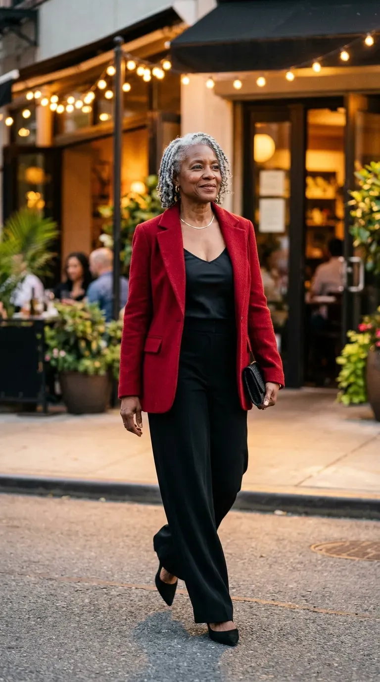 Woman over 50 in red blazer, black silk cami and wide-leg trousers on a Christmas date night