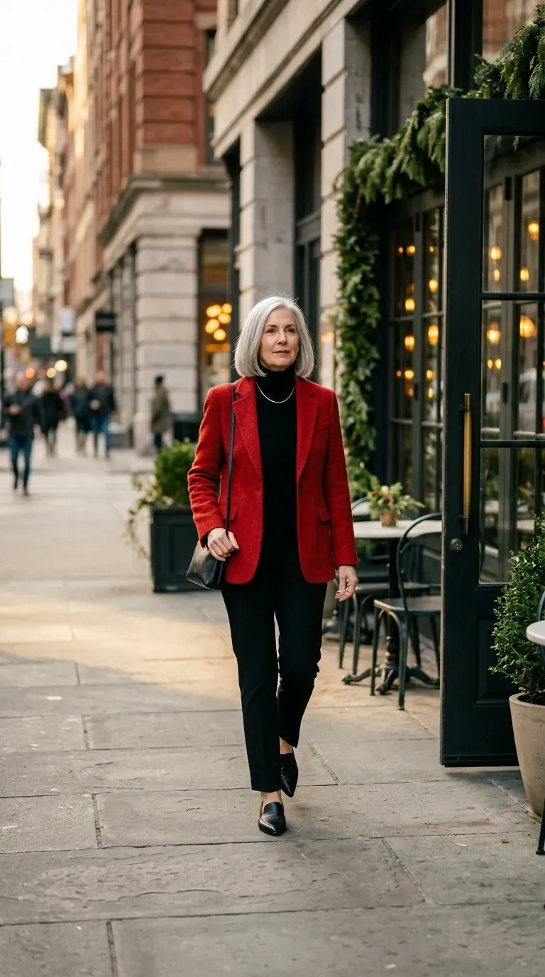 Woman over 50 in red blazer, black turtleneck and black trousers near a restaurant