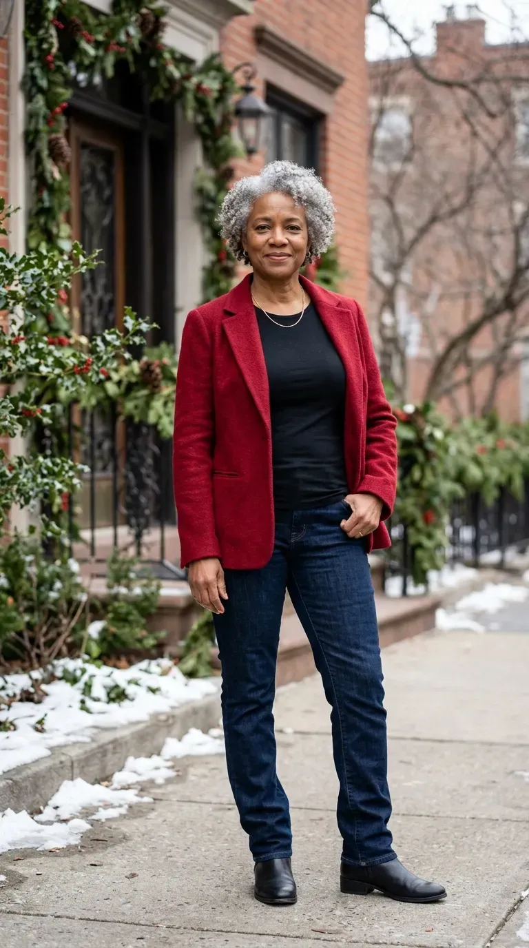 Woman over 50 in red blazer, dark jeans and black boots for a Christmas card photo