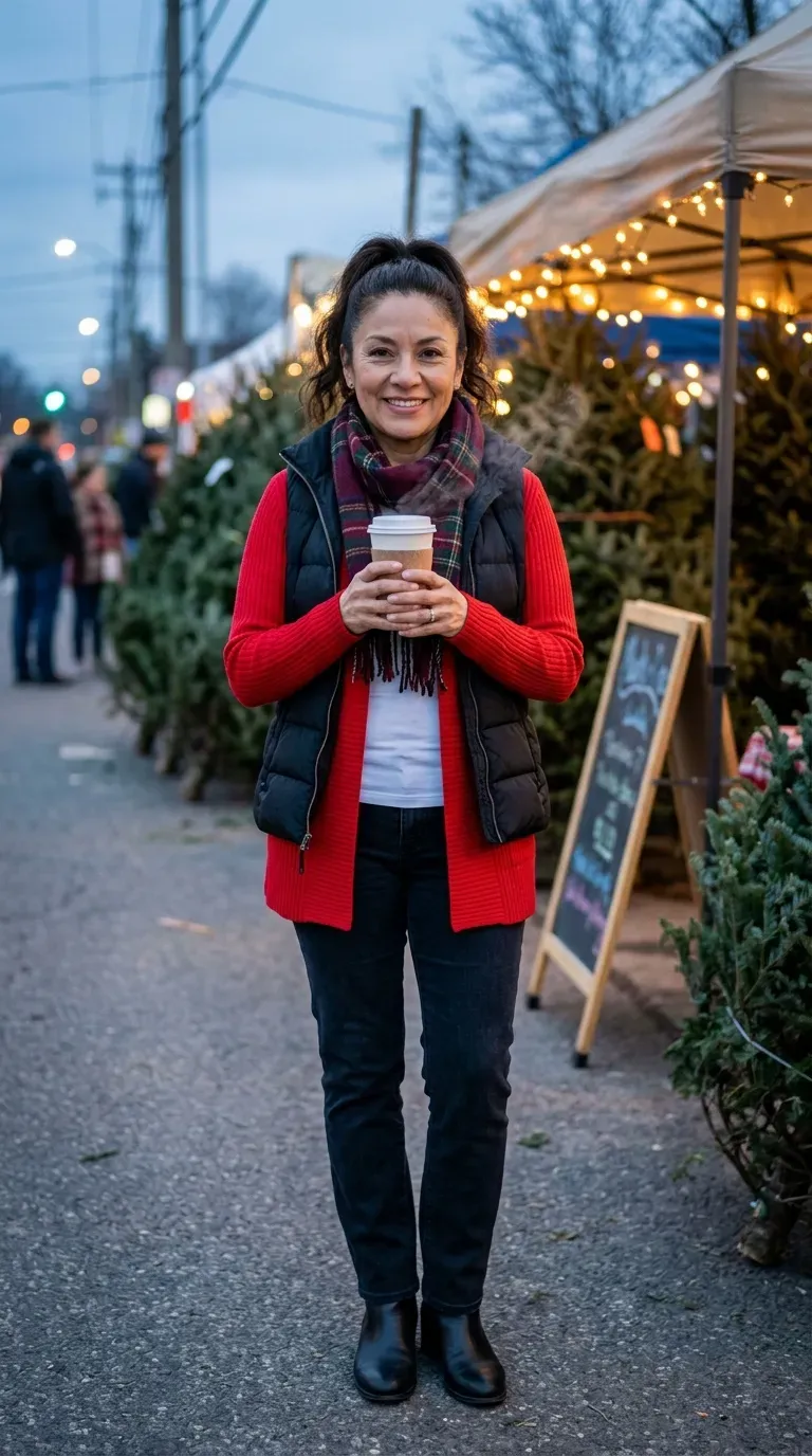 Woman in red cardigan, black puffer vest and dark jeans at a Christmas tree stand