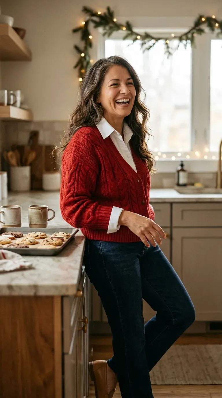 Latina woman in a red cardigan, white shirt and dark jeans at a casual holiday gathering