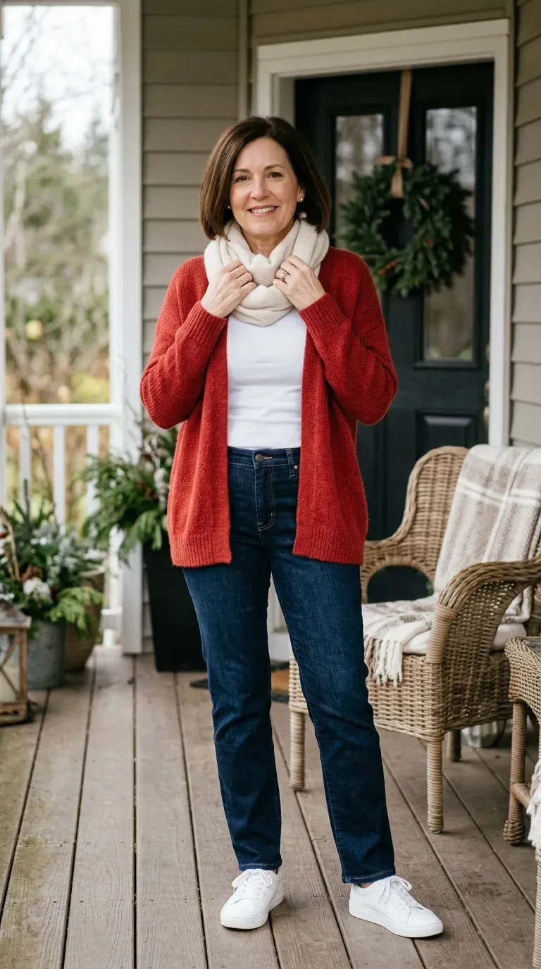 Woman over 50 in red cardigan, white tee and dark jeans on a decorated porch