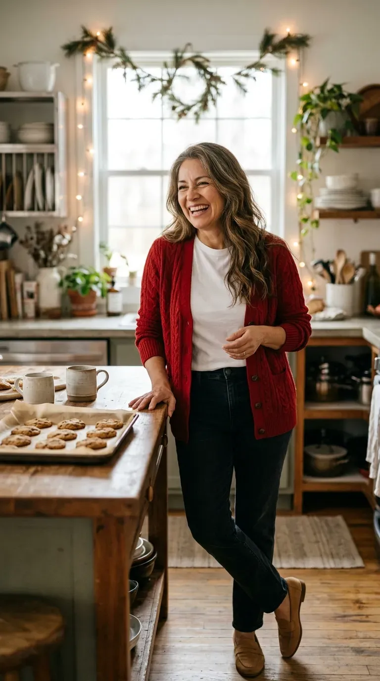 Latina woman in a red cardigan, white tee and dark jeans laughing in a decorated kitchen