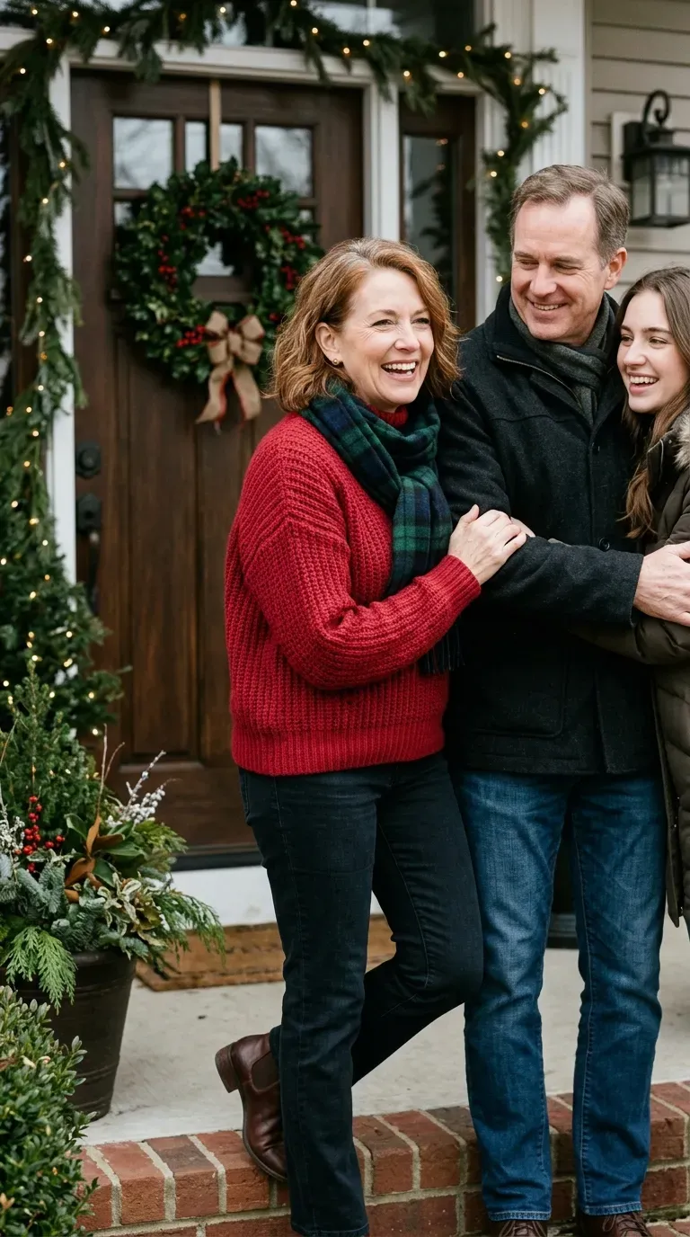 Woman over 50 in red knit and green scarf for a coordinated Christmas family photo