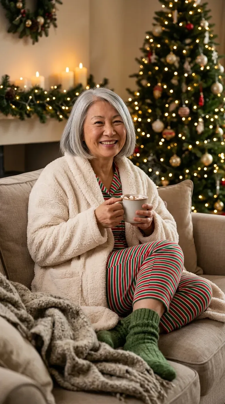 Woman over 50 in Christmas stripe pajama set and cream dressing gown for a movie night