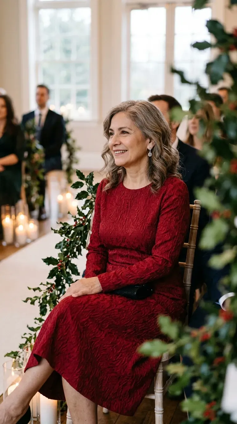 Woman over 50 in red jacquard midi dress and black velvet pumps at a Christmas wedding