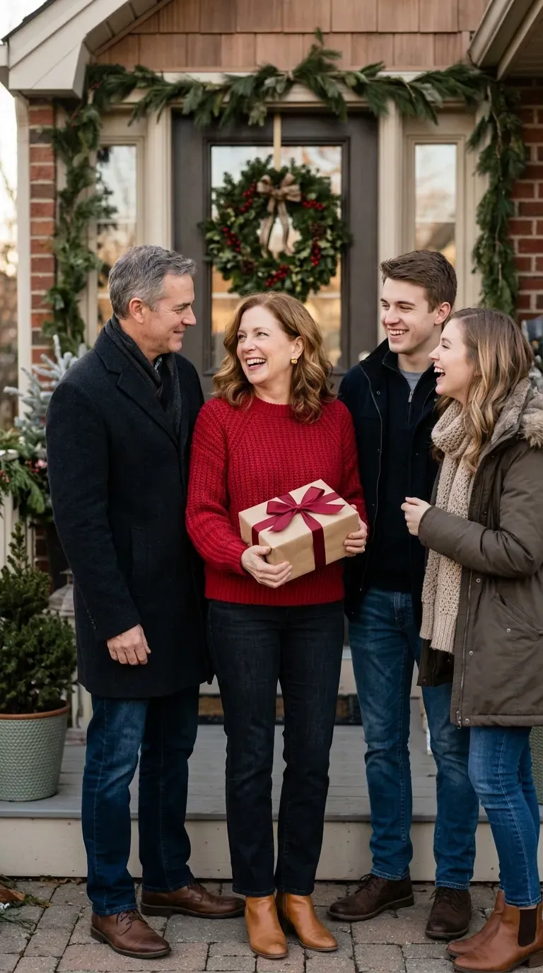 Woman over 50 in red knit, dark jeans and tan boots for a Christmas family photo