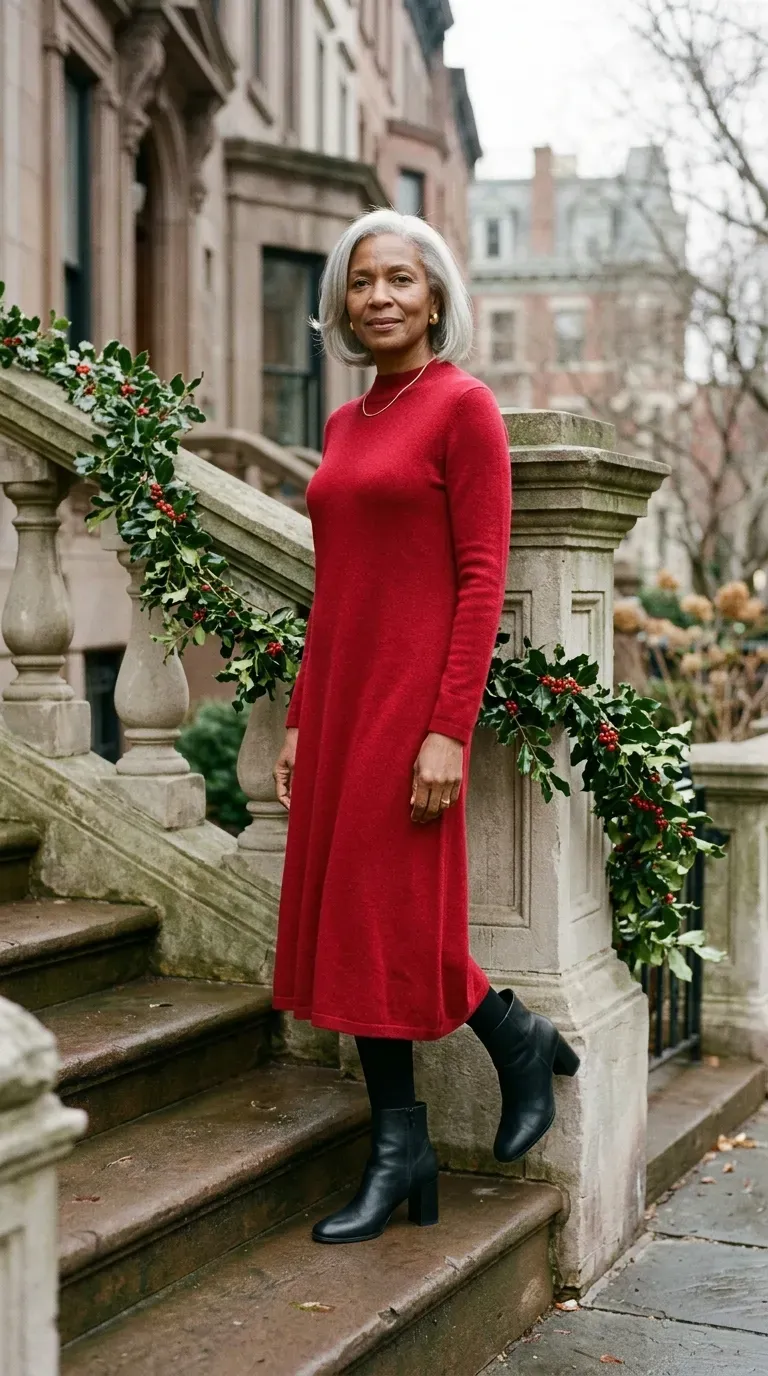 Woman over 50 in red knit dress, black tights and ankle boots for a Christmas card photo