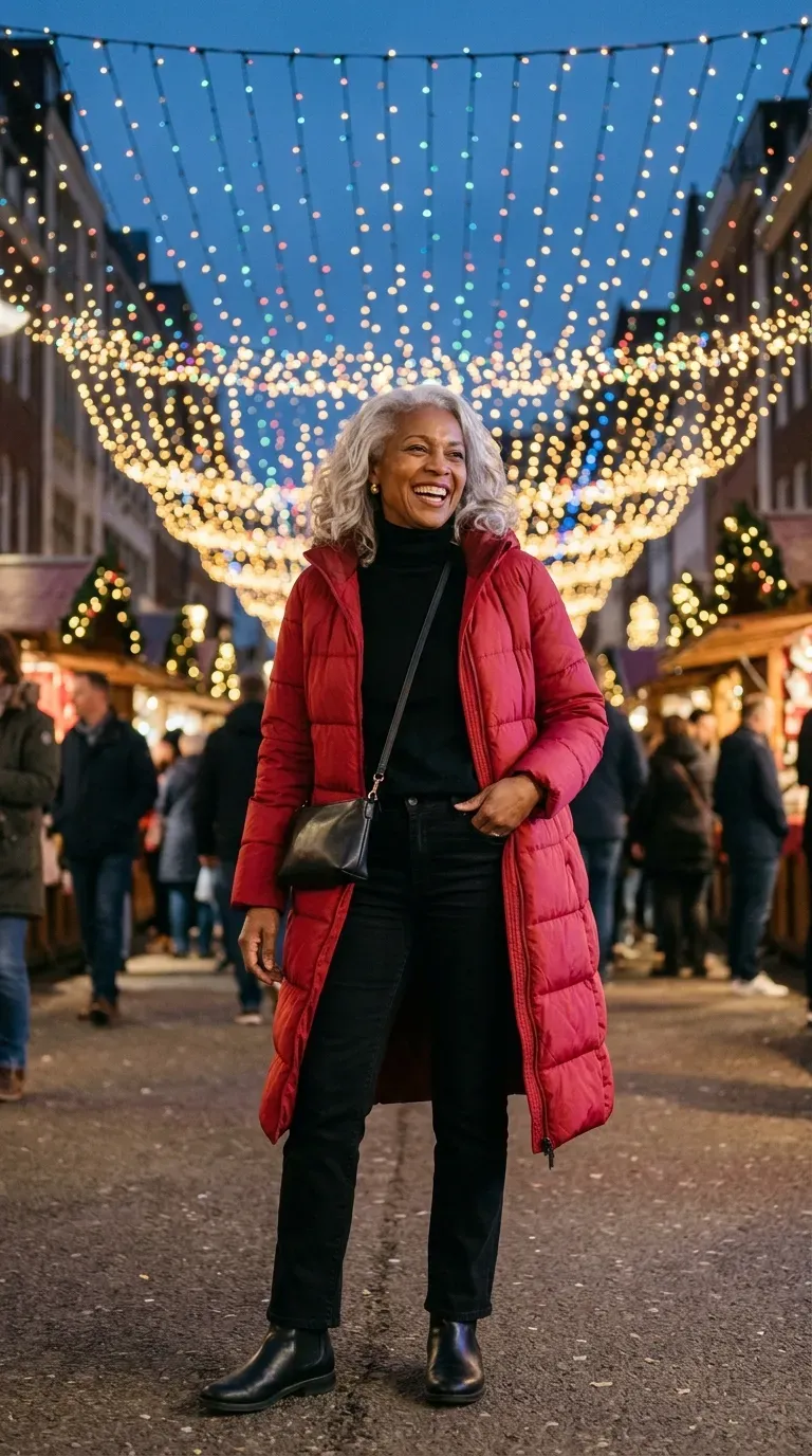 Woman over 50 in red long puffer coat, black turtleneck and black jeans at a Christmas lights display