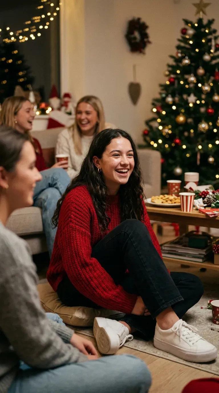 Teenage girl in red oversized sweater, black jeans and platform trainers for Christmas