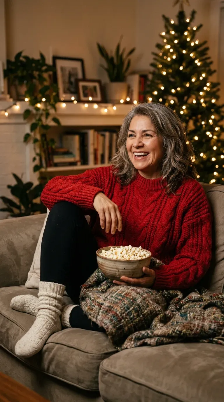 Woman over 50 in red oversized sweater, black leggings and thick socks for a movie night