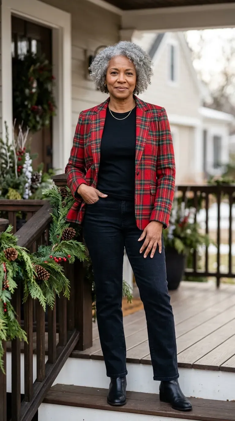 Woman over 50 in red plaid blazer, black tee and dark jeans for a Christmas card photo