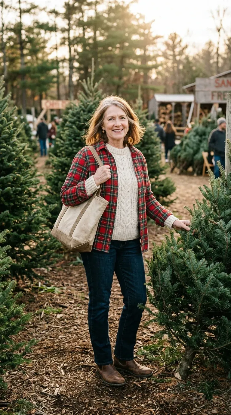 Woman over 50 in red plaid shirt, dark jeans and brown boots at a Christmas tree farm