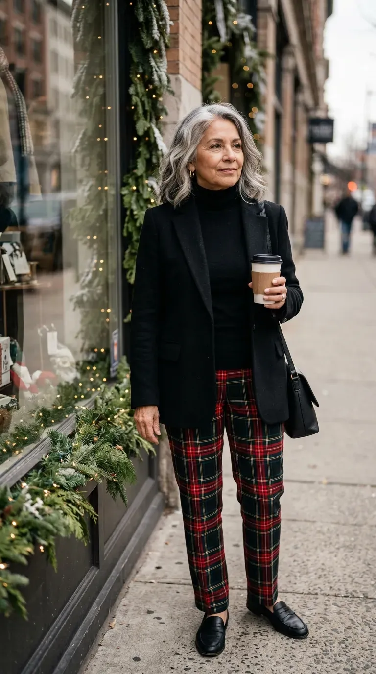 Latina woman in red plaid trousers and a black turtleneck beside a decorated shop window