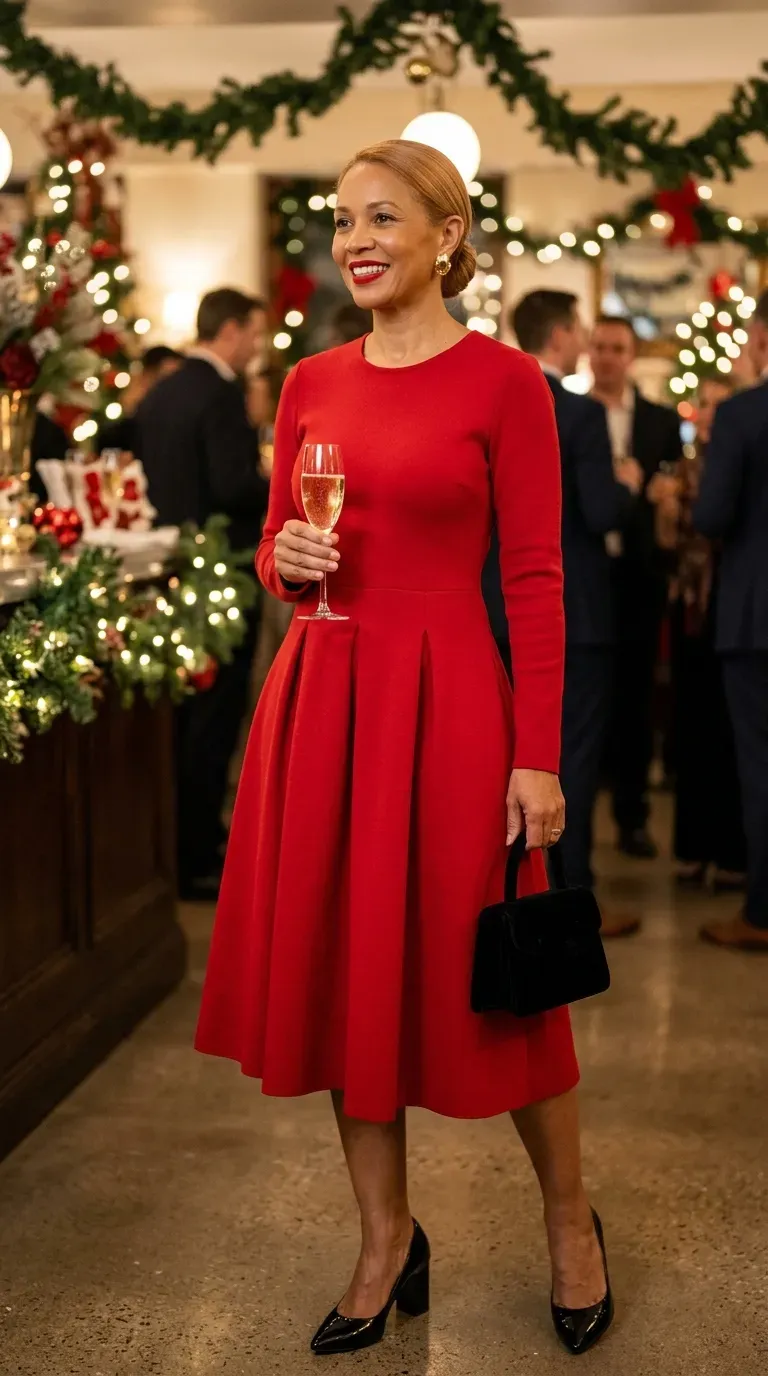 Woman over 50 in red ponte fit-and-flare dress and black patent heels at a Christmas party