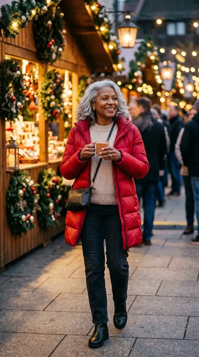 Woman over 50 in red puffer coat, oatmeal sweater and dark jeans at a Christmas market