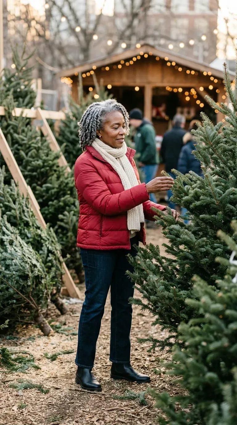 Woman over 50 in red puffer jacket, dark jeans and Chelsea boots at a Christmas tree lot