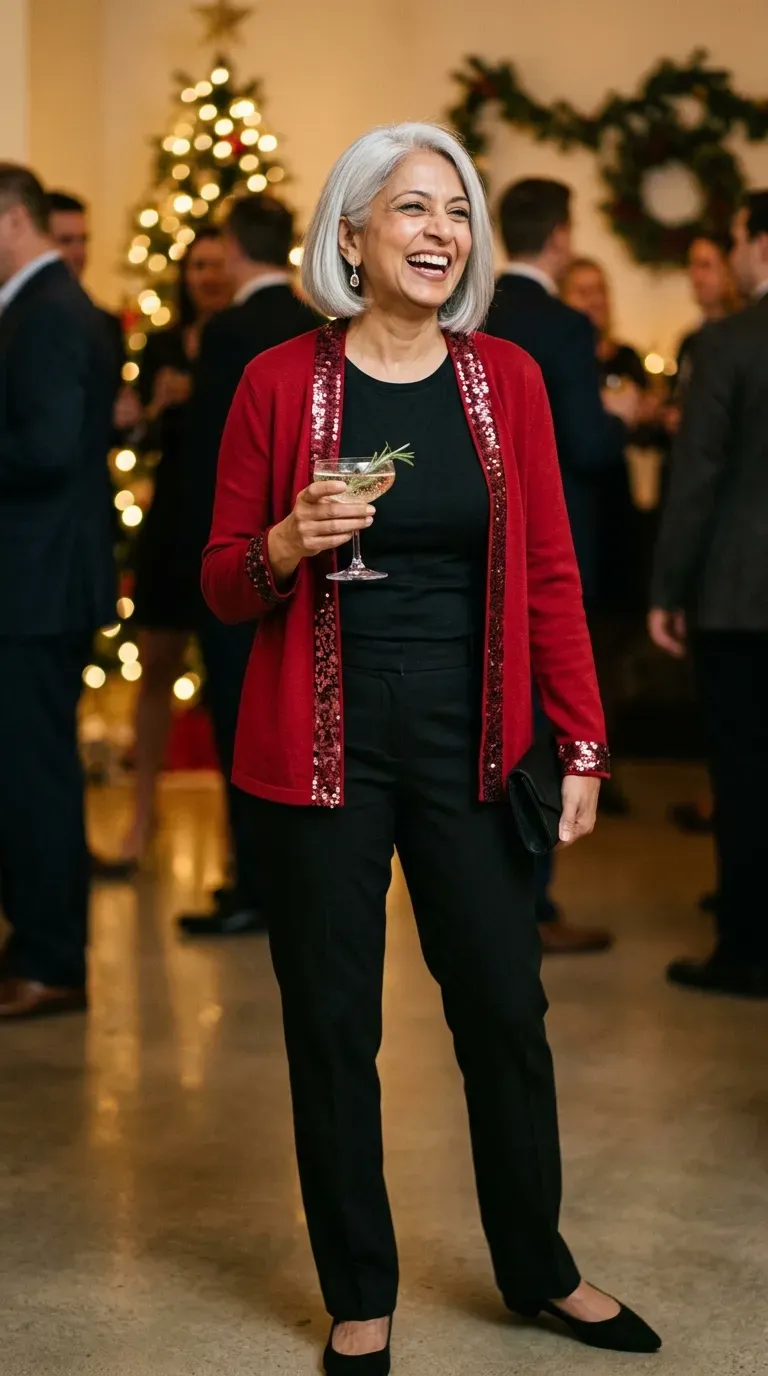 Woman over 50 in red sequin cardigan, black tee and black trousers on a girls night out