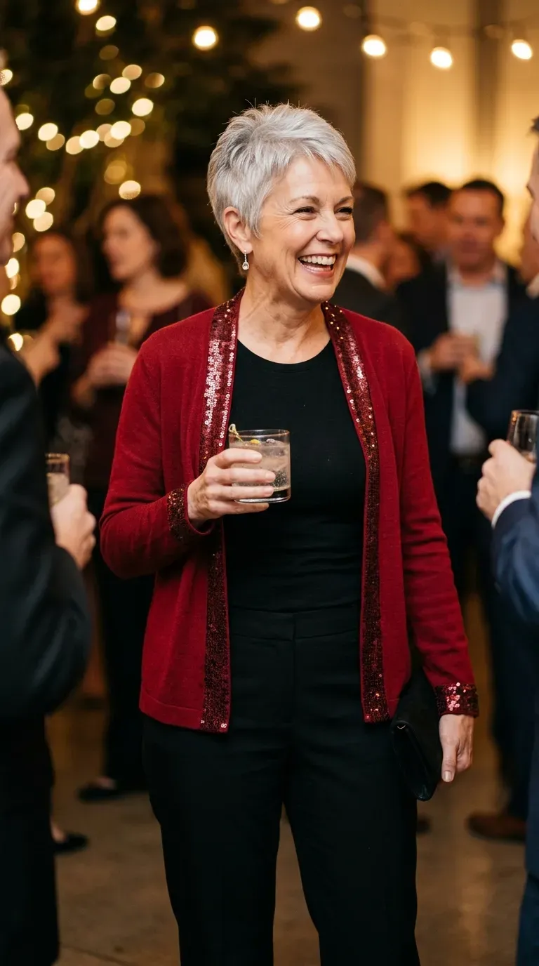 Woman over 50 in red sequin cardigan, black tee and black trousers at a party