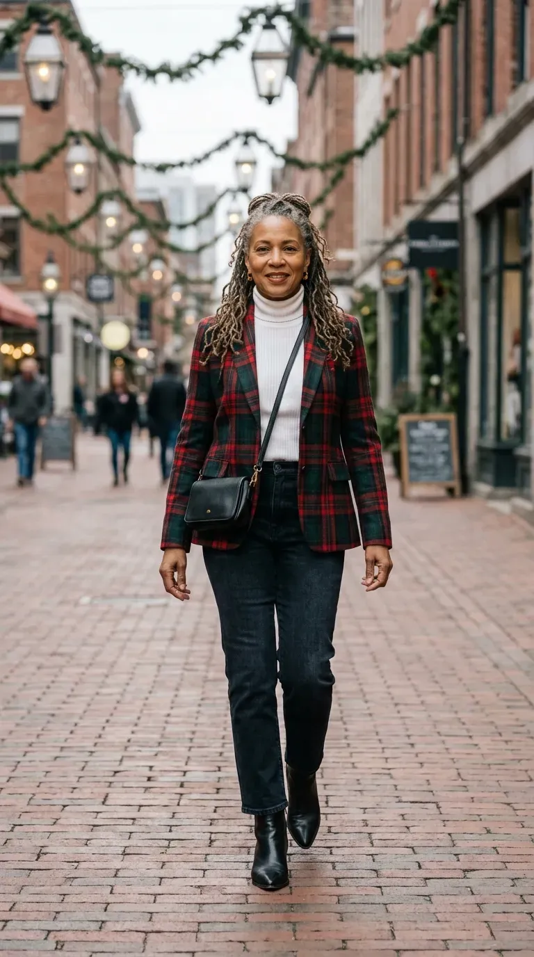 Woman over 50 in red tartan blazer and dark jeans on a brick-lined Christmas street