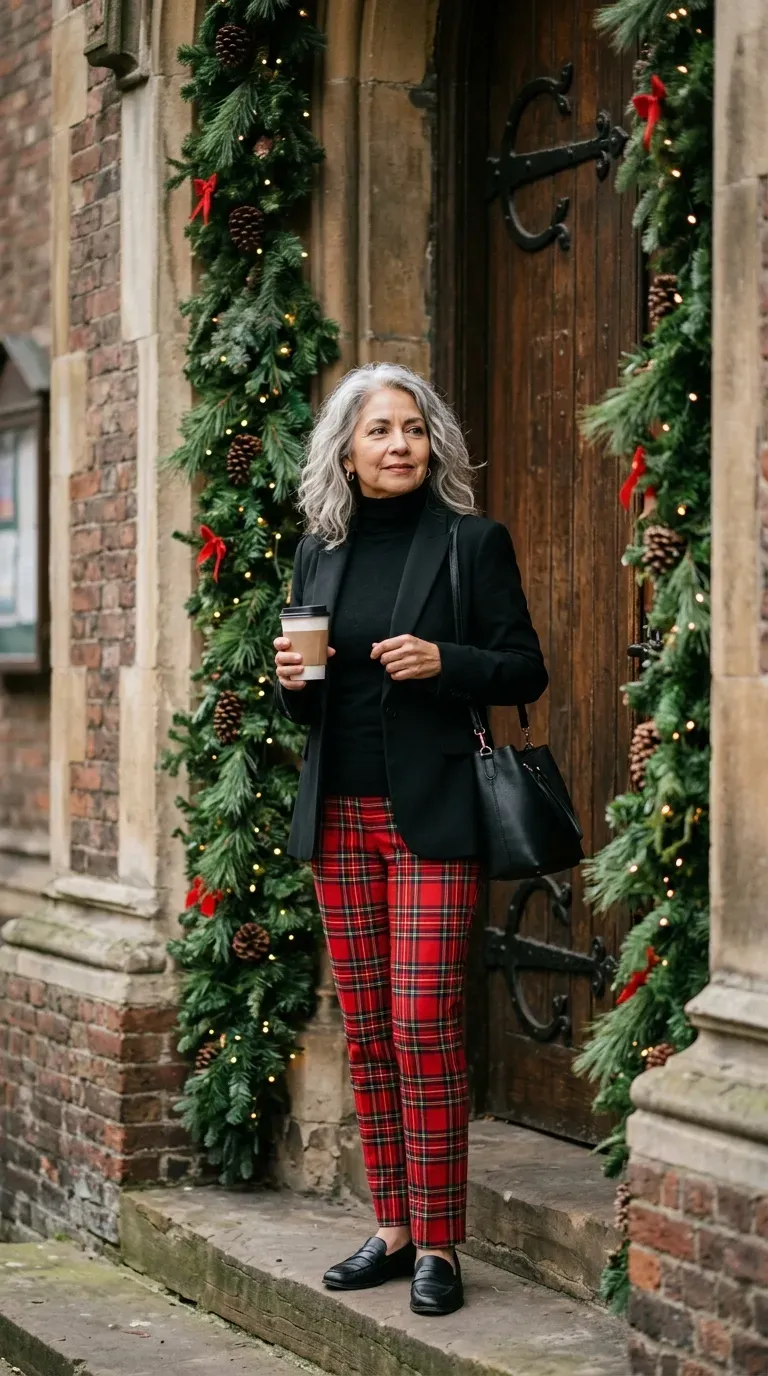 Latina woman in red tartan trousers and black blazer beside decorated church doors