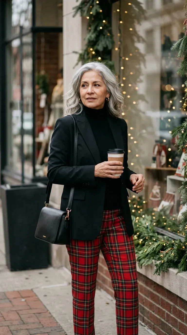 Latina woman in red tartan trousers and a black blazer beside a decorated shop window