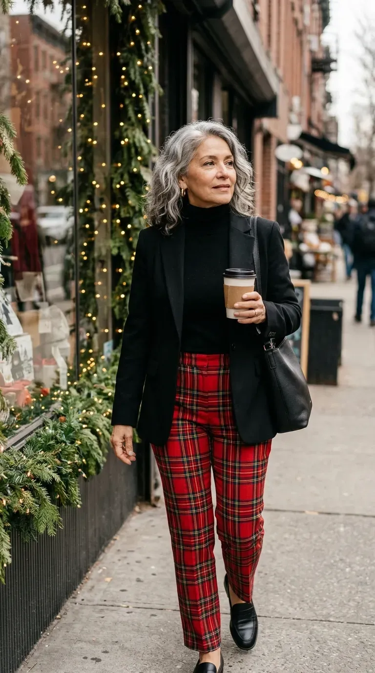 Latina woman in red tartan trousers and a black blazer beside a decorated shop window