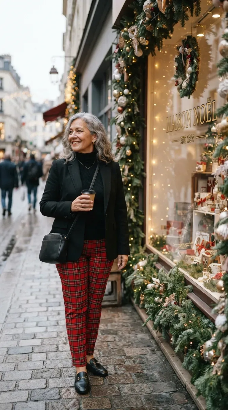 Latina plus-size woman in red tartan trousers and a black blazer beside a decorated shop window