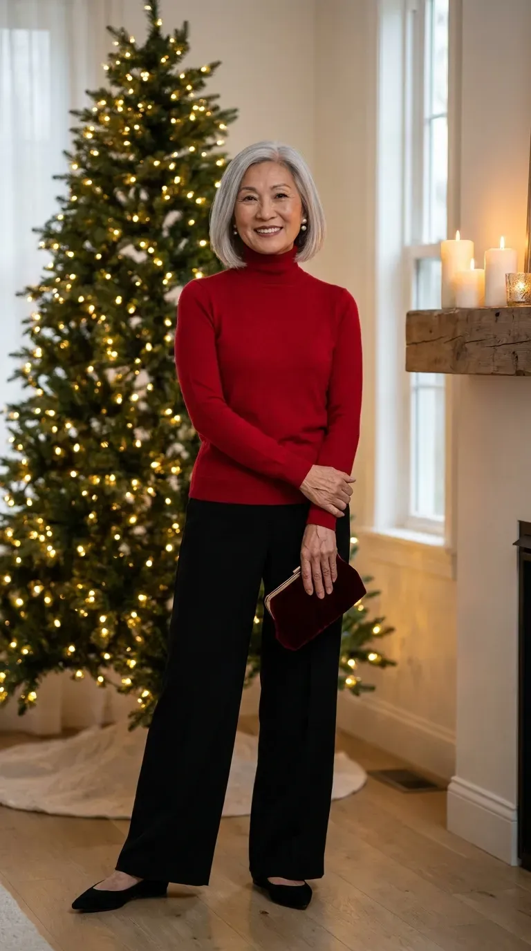 Asian woman in a red turtleneck and black wide-leg trousers beside a lit Christmas tree