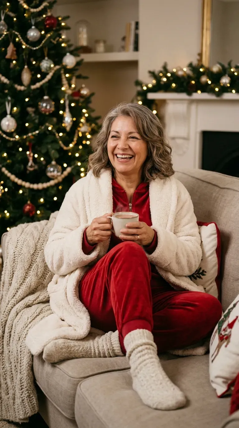 Woman over 50 in red velour jogger set and cream dressing gown for a festive movie night