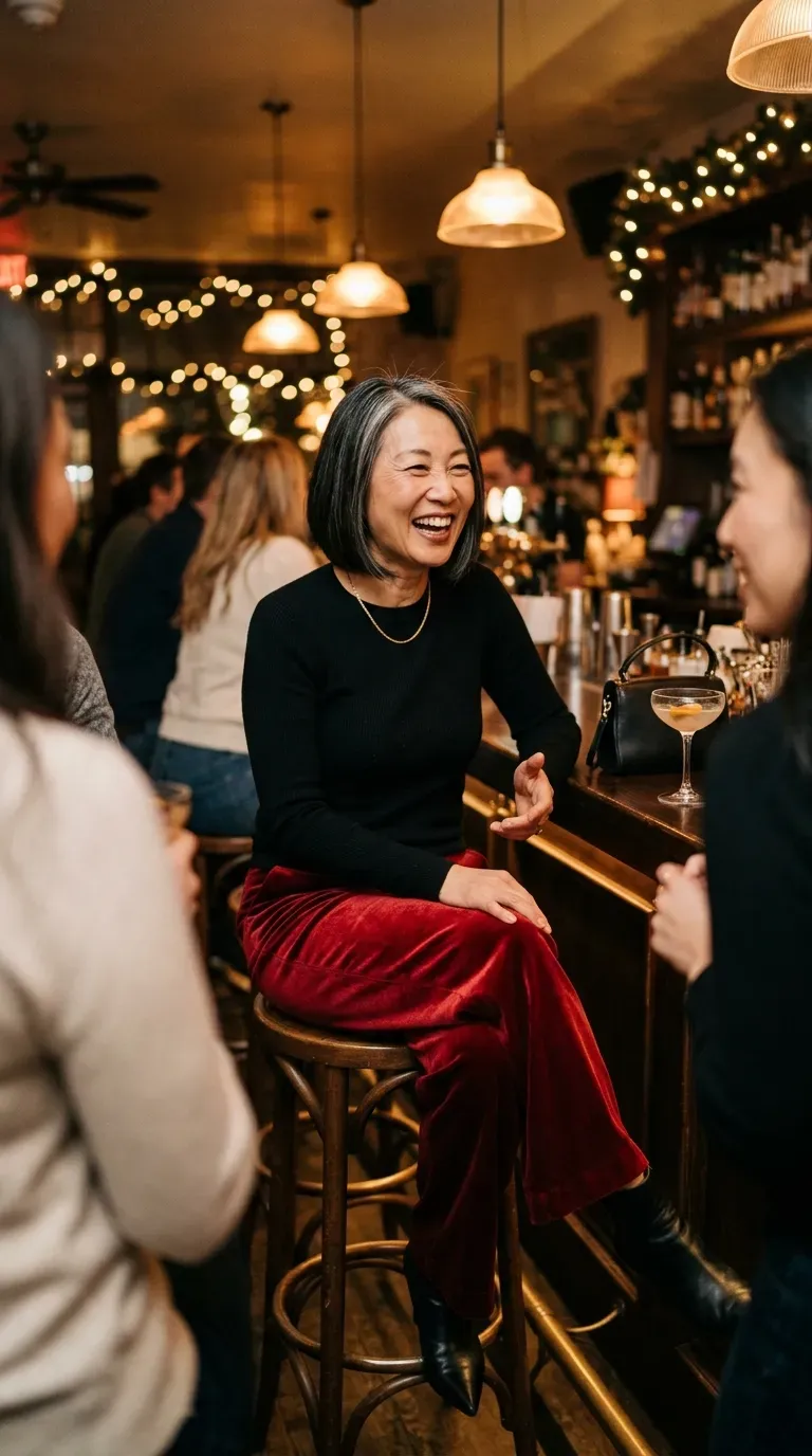 Woman over 50 in red velvet wide-leg trousers and black sweater on a girls night out