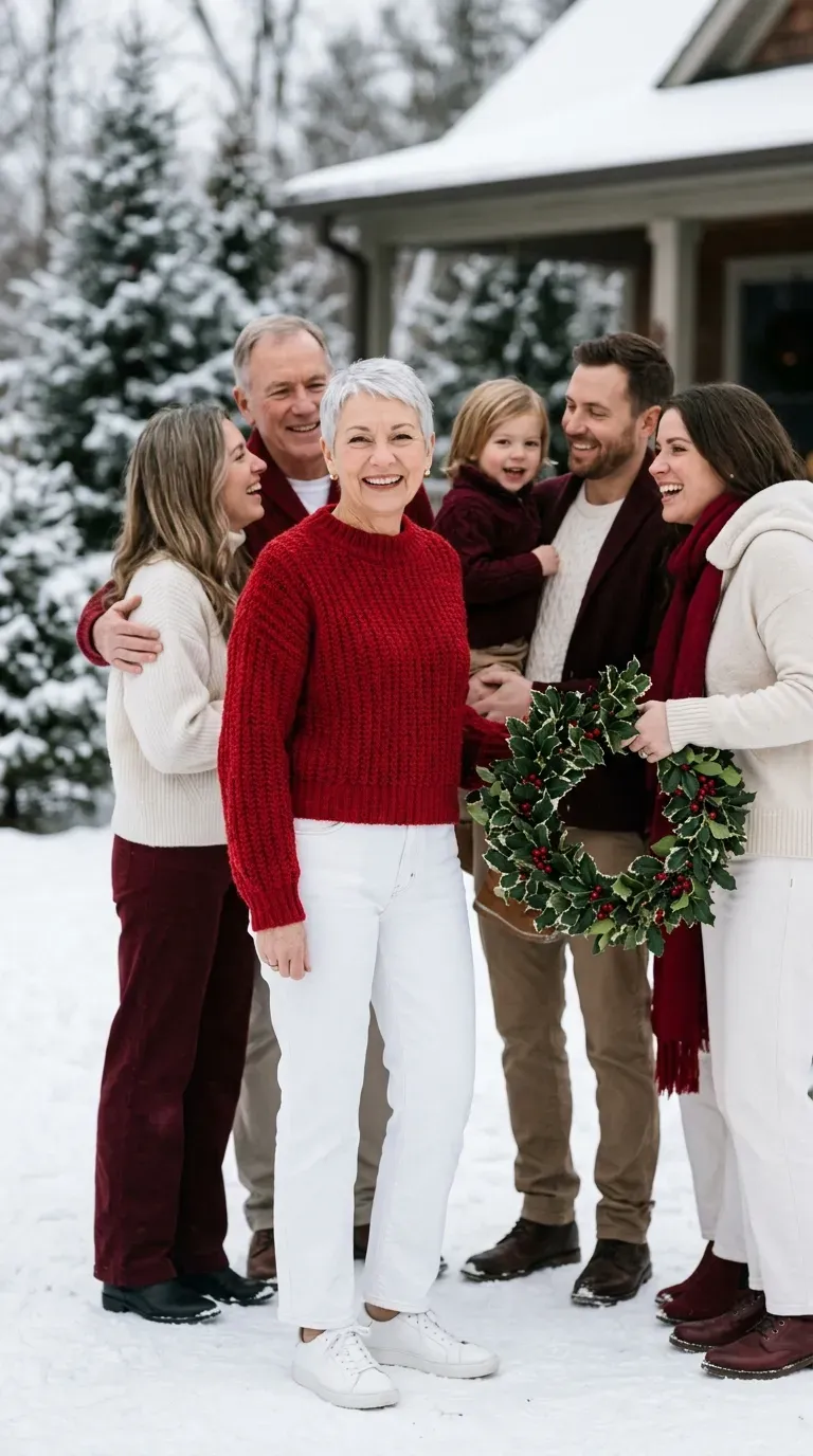 Woman over 50 in red sweater and white jeans for a coordinated Christmas family photo