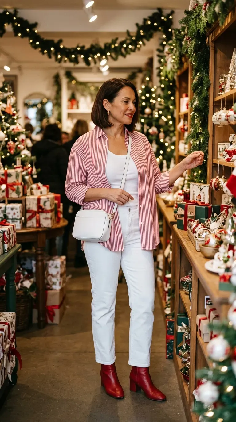 Woman over 40 in red striped shirt and white jeans with red heels at a festive Christmas shop