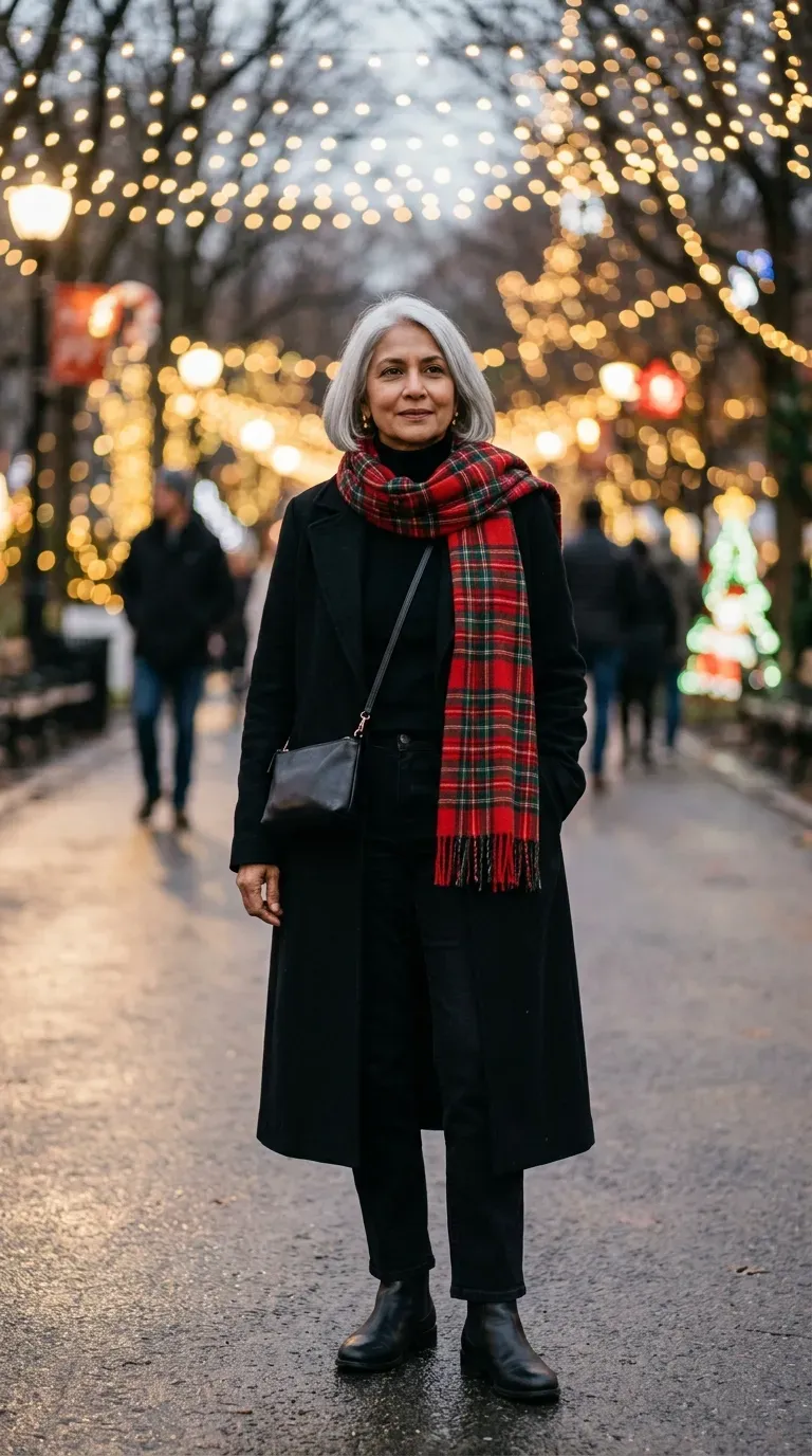 Woman over 50 in red wool beret, camel coat and tall boots at a Christmas lights display