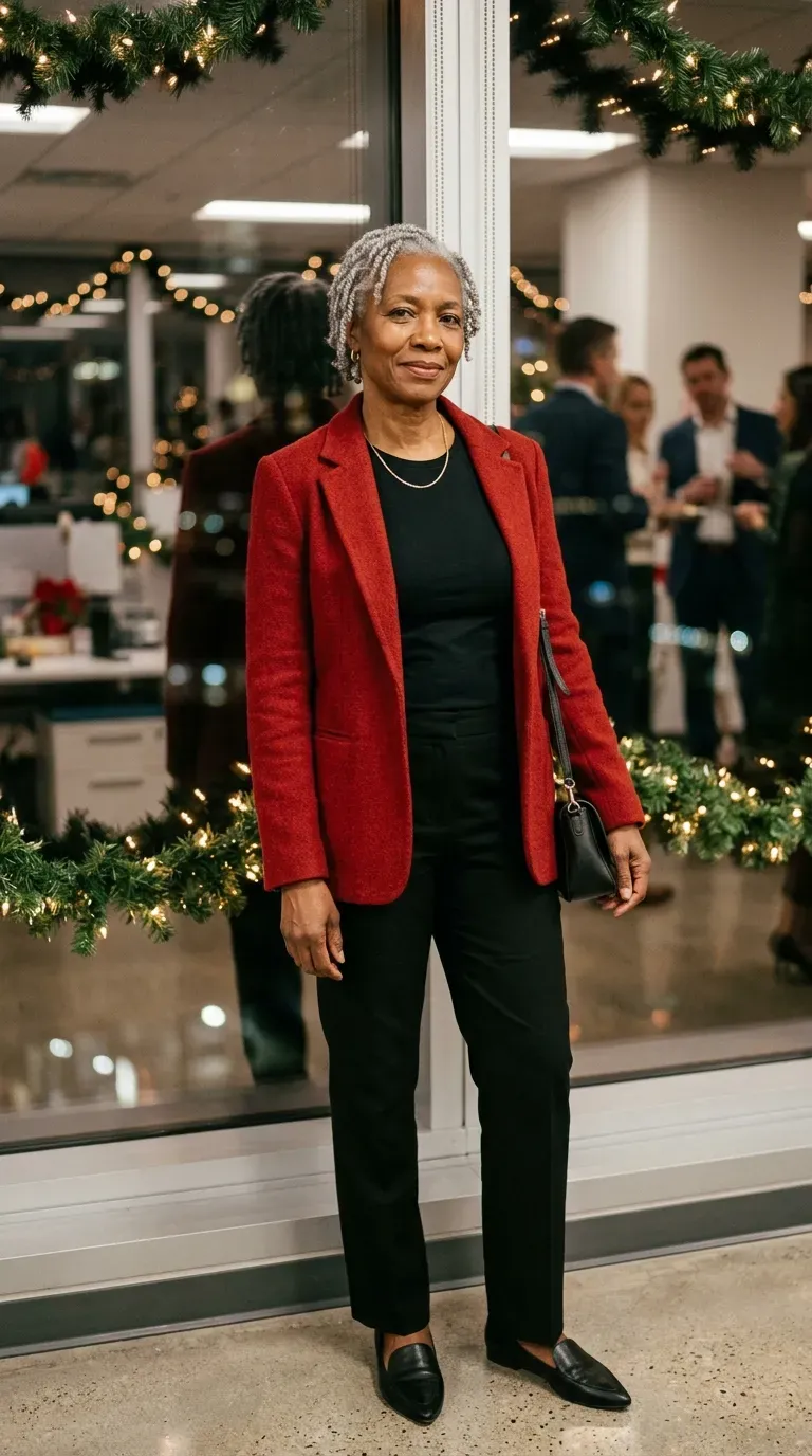 Woman over 50 in red wool blazer, black tee and black trousers at a work celebration