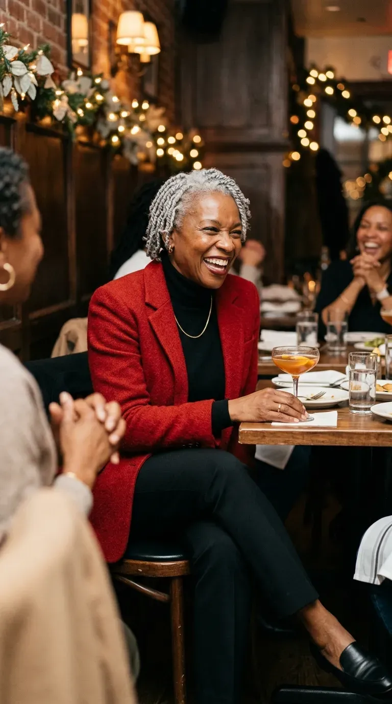 Woman over 50 in red wool blazer, black turtleneck and black trousers on a girls night out