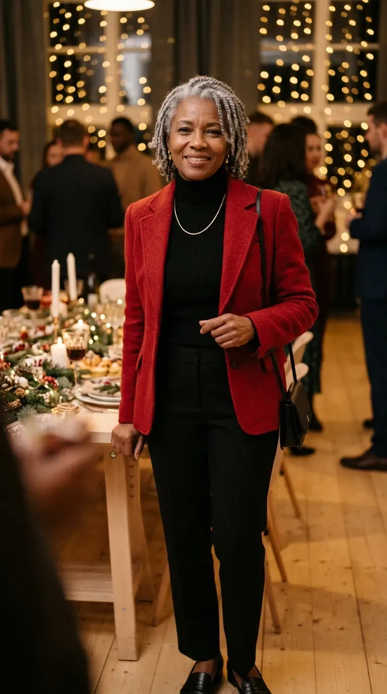 Woman over 50 in red wool blazer, black turtleneck and black trousers at a party