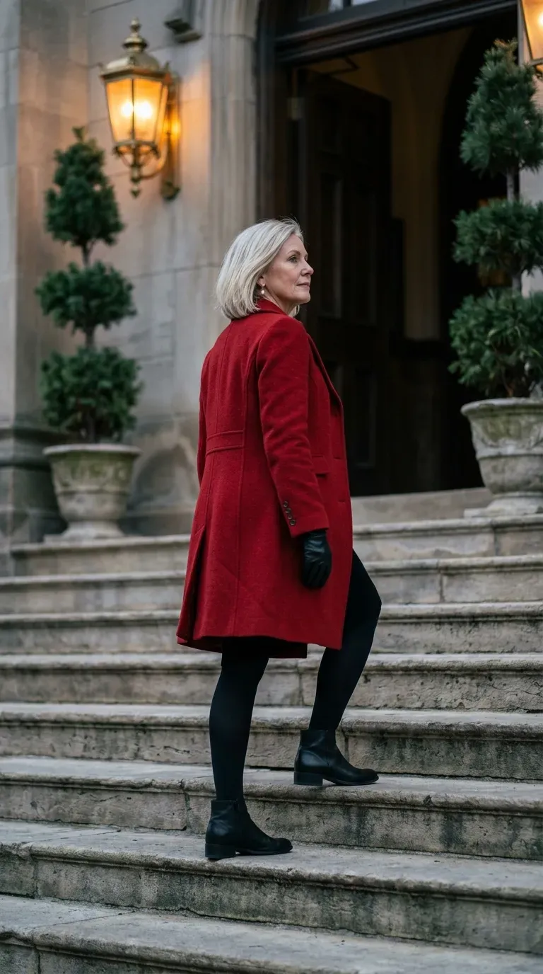 Woman in red wool coat and black knit dress walking up steps at a Christmas church