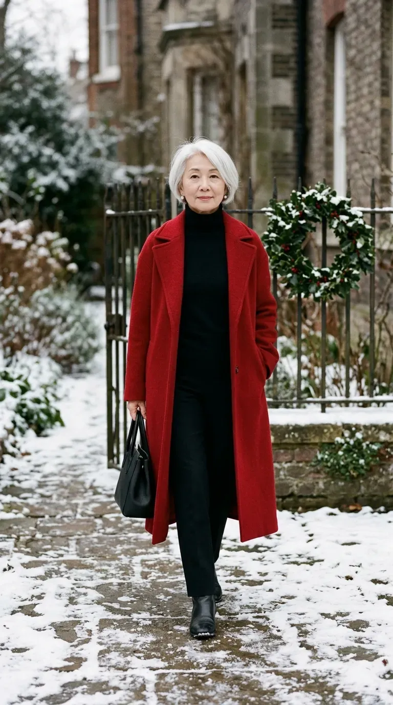 Woman over 50 in red wool coat, black trousers and black boots for a Christmas card photo