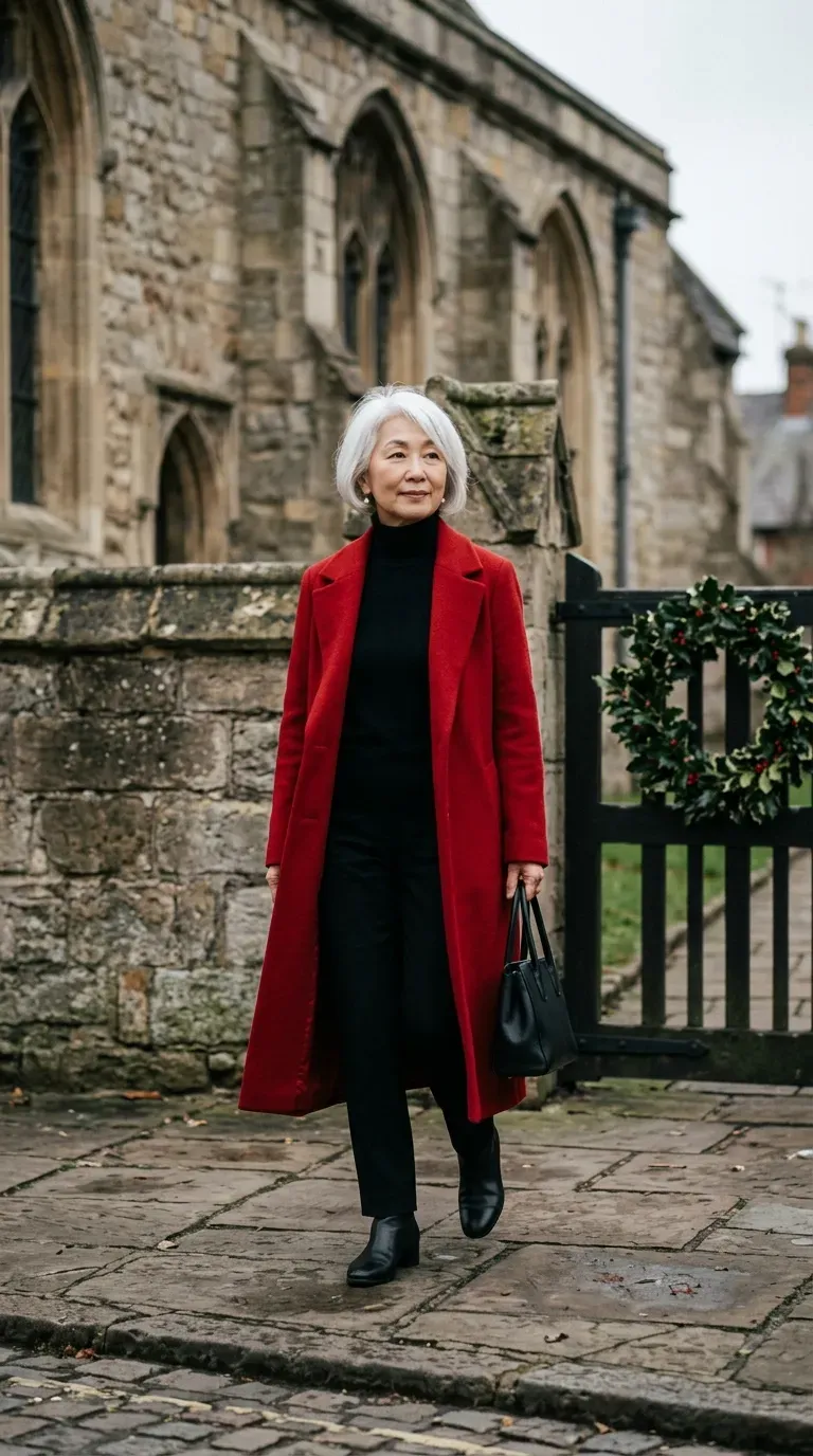 Woman over 50 in red wool coat, black turtleneck and black trousers outside a church