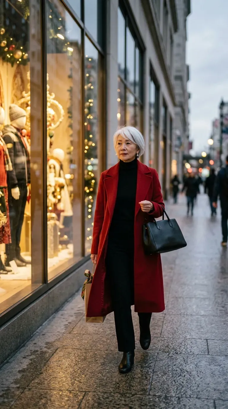 Woman over 50 in red wool coat, black turtleneck and trousers by a decorated storefront