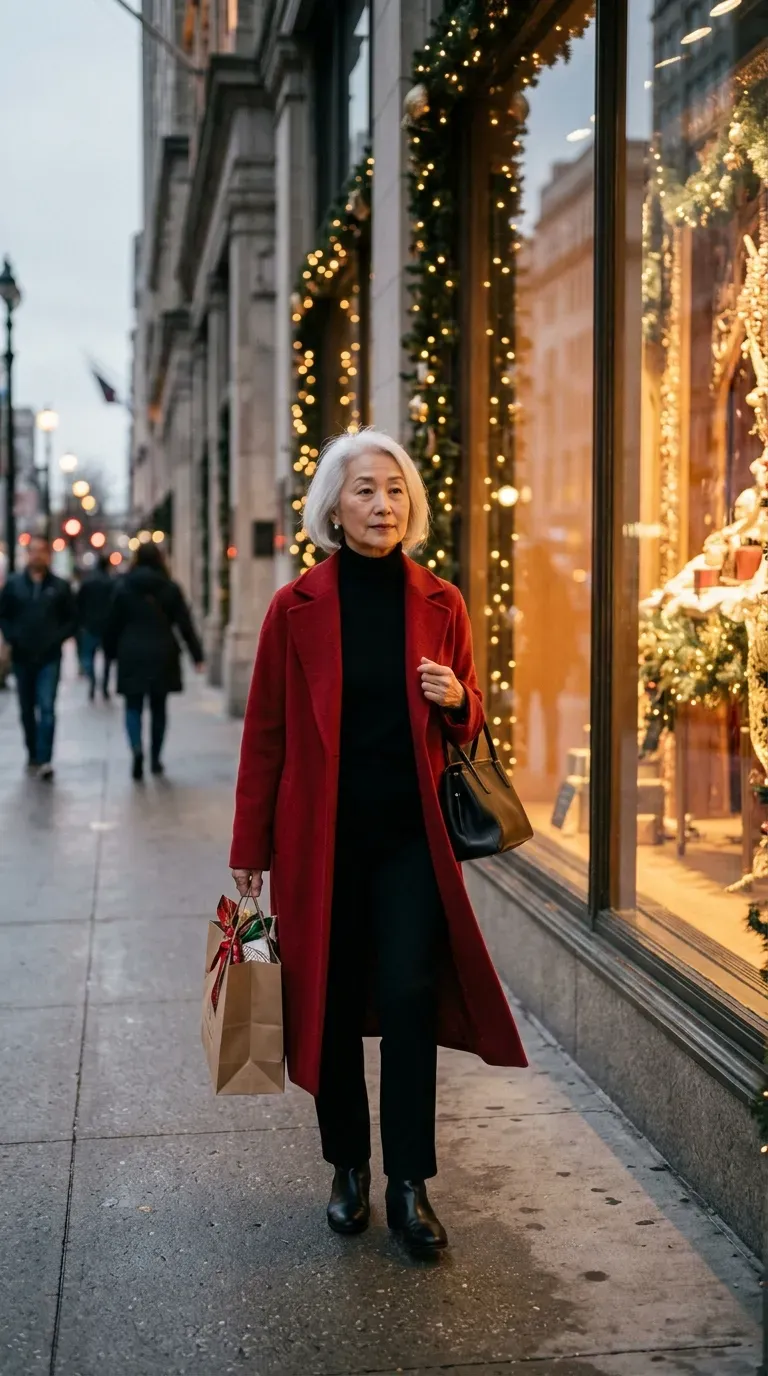 Woman over 50 in red wool coat, black turtleneck and trousers by a decorated storefront