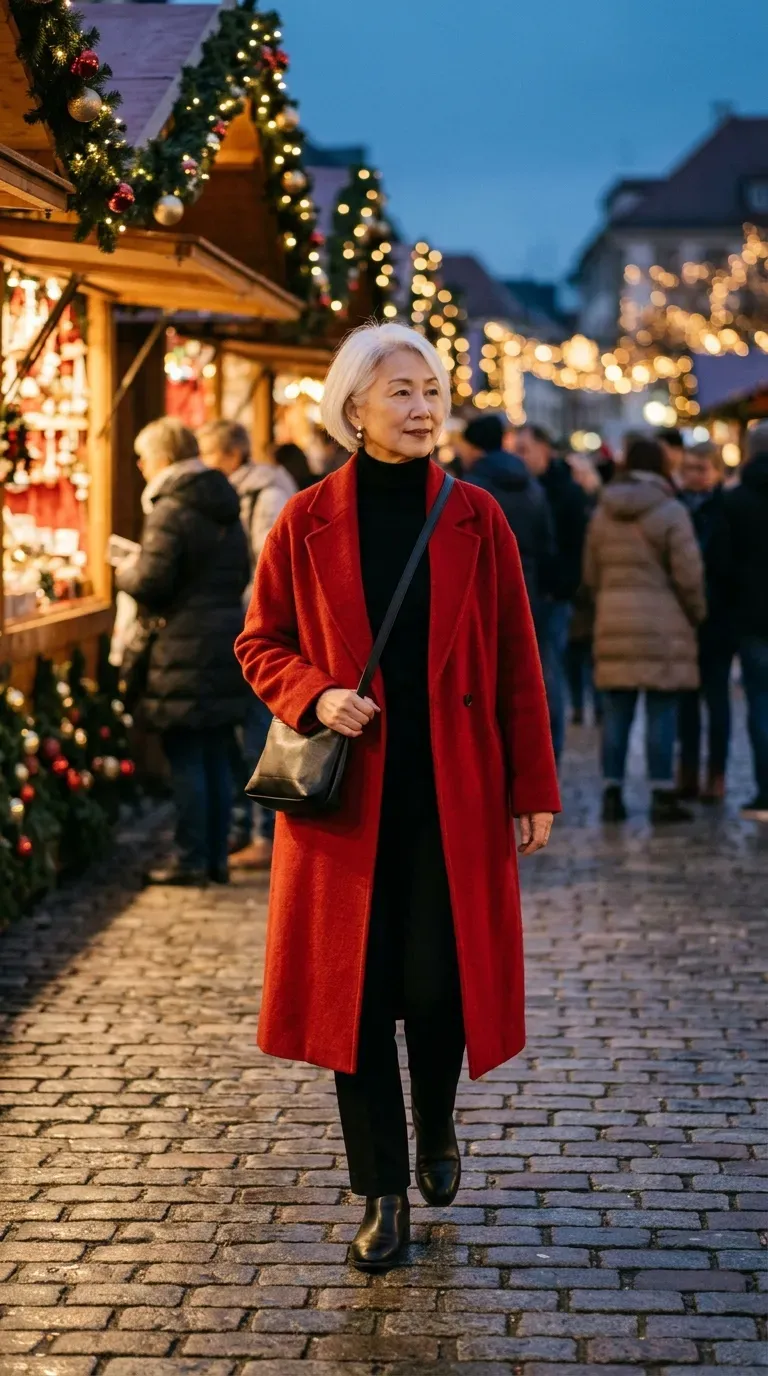 Woman over 50 in red wool coat, black turtleneck and black trousers at a Christmas market