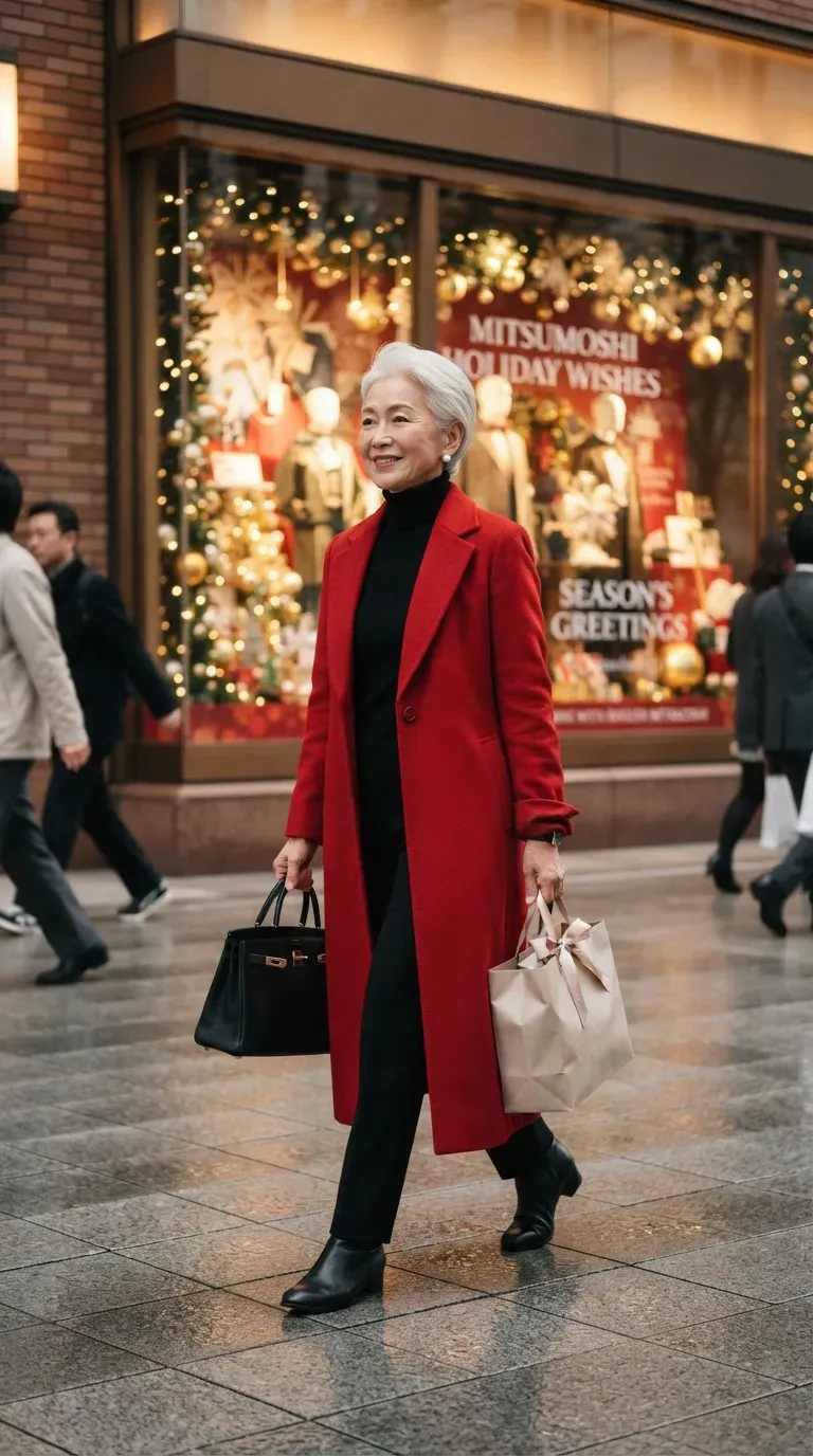 Woman over 50 in red wool coat, black turtleneck and black trousers outside a department store