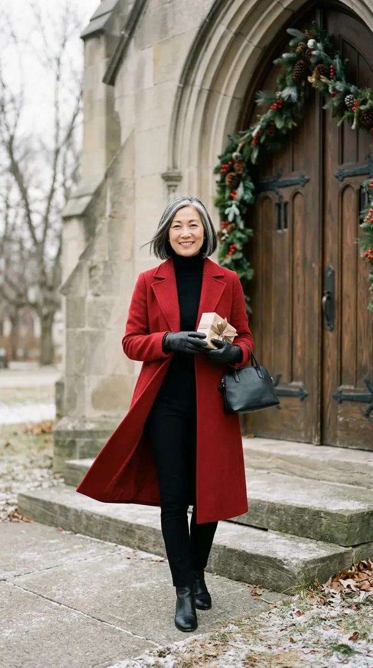 Asian woman in red wool coat, black turtleneck and trousers outside a church entrance